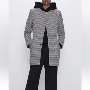 Zara Black and Ecru Check Gingham Frock Long Coat/Blazer  Size Large